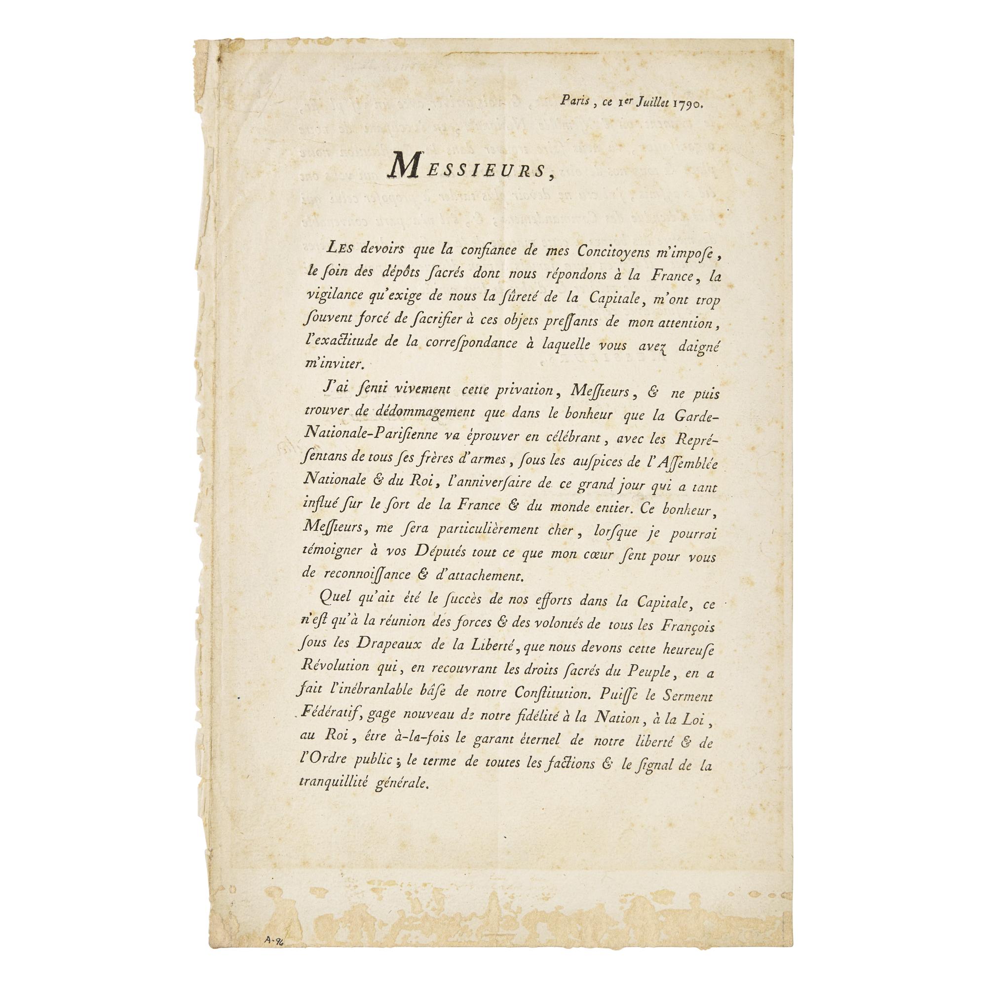 [American Revolution] [Lafayette, Marquis de] Printed Document, signed
