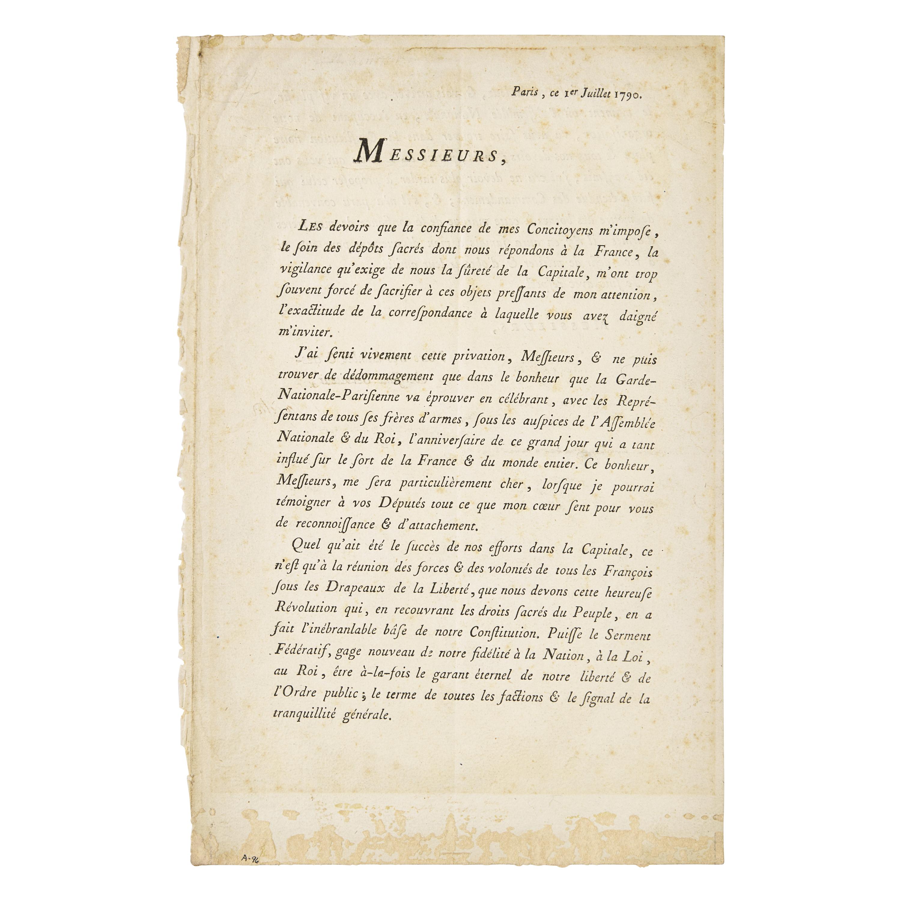 [American Revolution] [Lafayette, Marquis de] Printed Document, signed
