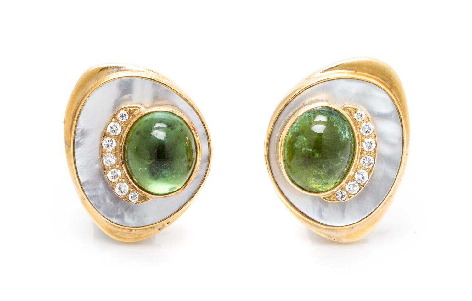 A Pair of 18 Karat Yellow Gold, Tourmaline, Mother-of-Pearl and Diamond Earclips, Susan Berman, 13.30 dwts.