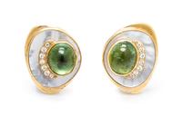 A Pair of 18 Karat Yellow Gold, Tourmaline, Mother-of-Pearl and Diamond Earclips, Susan Berman, 13.30 dwts.