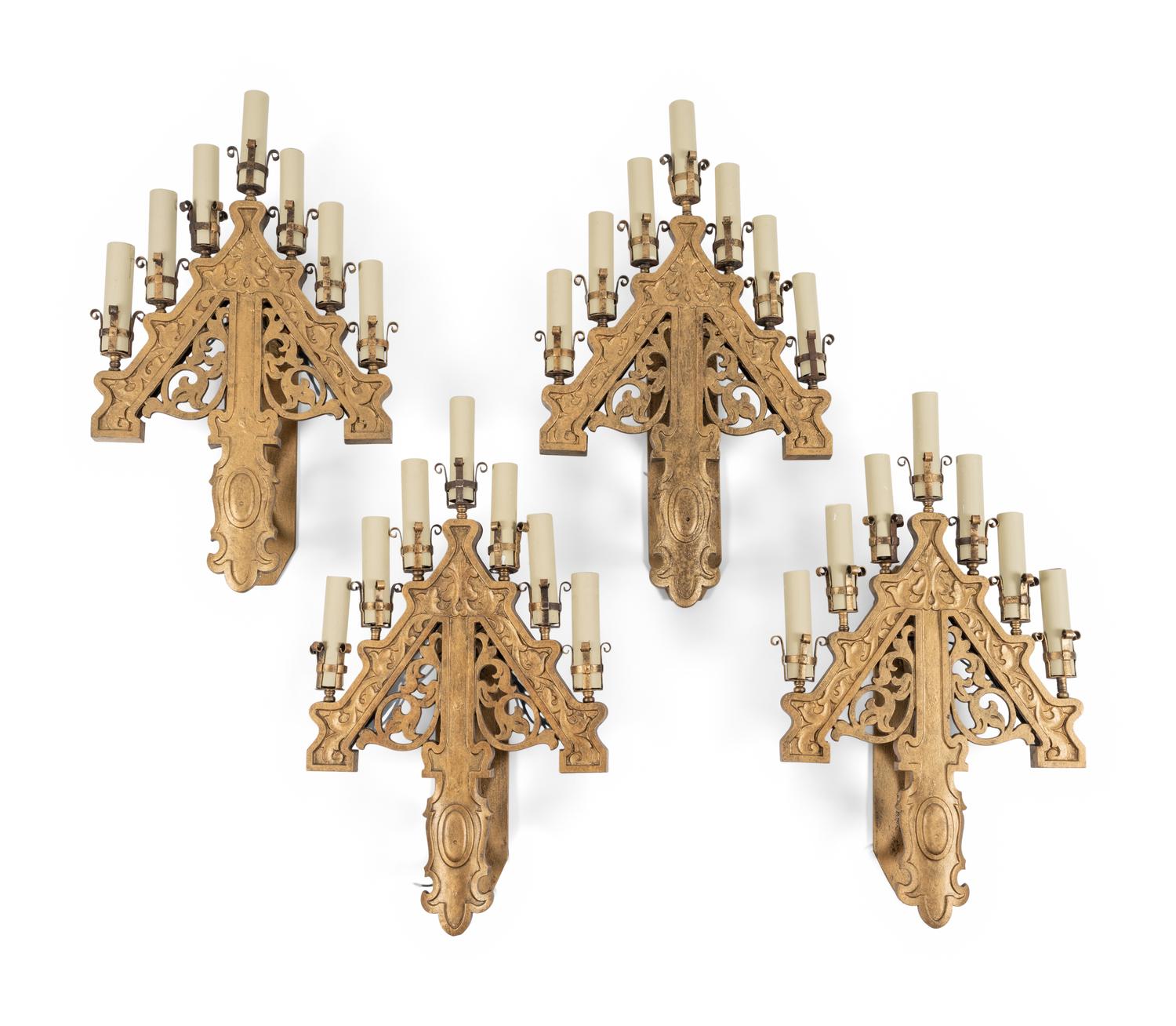 A Set of Four Gilt Metal Seven-Light Sconces