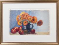 Lebreton, (American, 20th century), Blue Pitcher with Daisies, Blue Pitcher with Zinias, and Zinias, Brioche and Blue Pitcher (a group