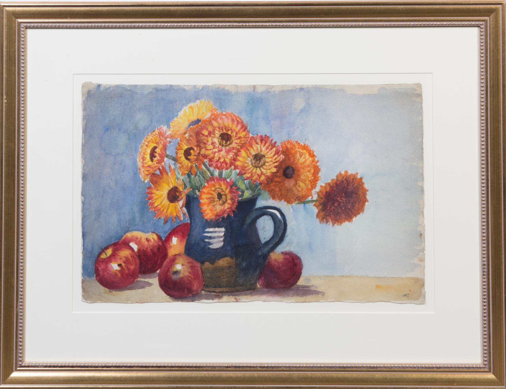 Lebreton, (American, 20th century), Blue Pitcher with Daisies, Blue Pitcher with Zinias, and Zinias, Brioche and Blue Pitcher (a group