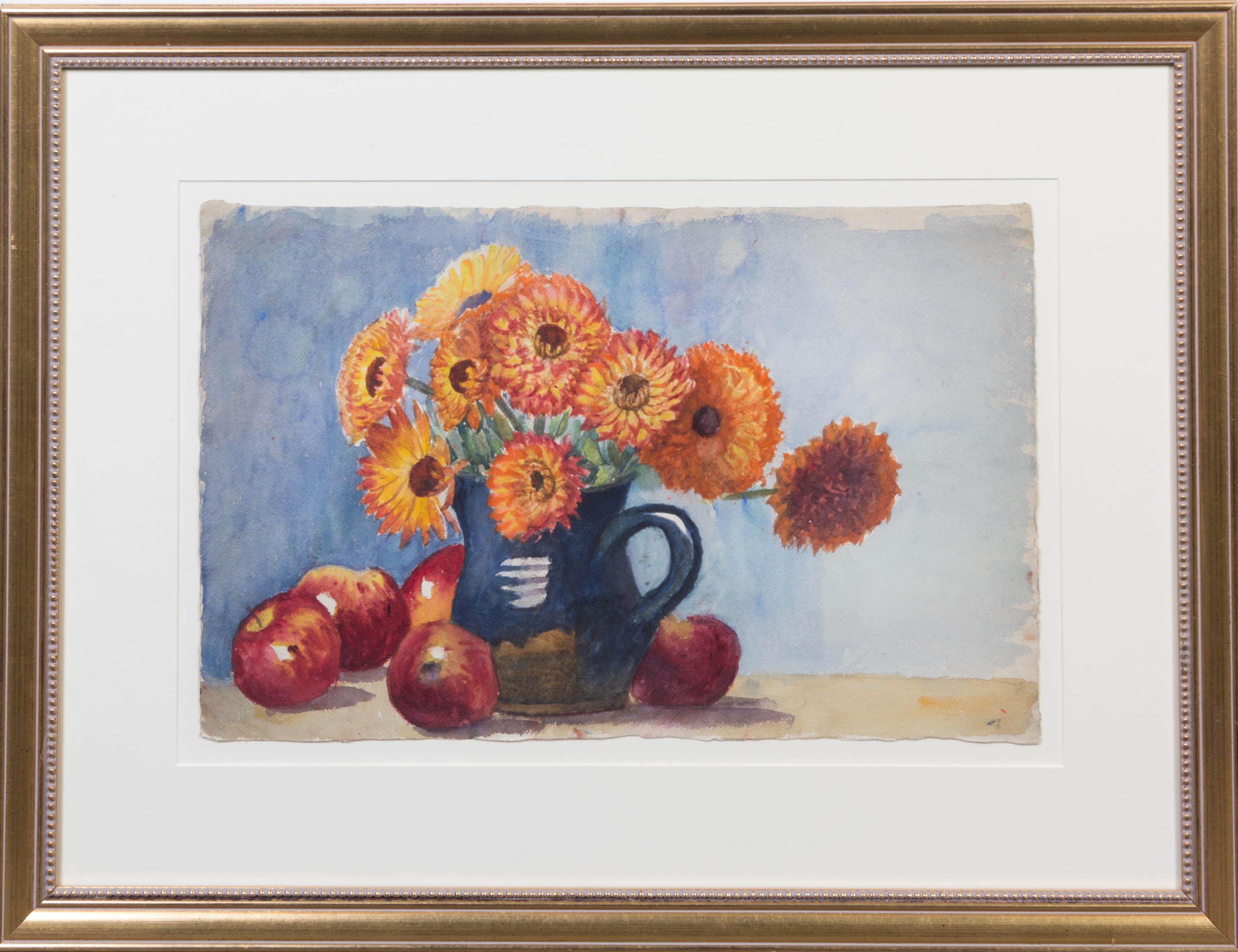 Lebreton, (American, 20th century), Blue Pitcher with Daisies, Blue Pitcher with Zinias, and Zinias, Brioche and Blue Pitcher (a group