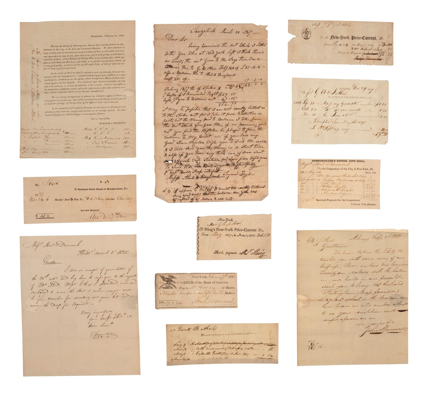 [AMERICANA - BUSINESS]. Ulster Iron Works manuscript archive, incl. documents, receipts, and other correspondence from Abeel & Dunscomb, New York City. Ca early 19th century.