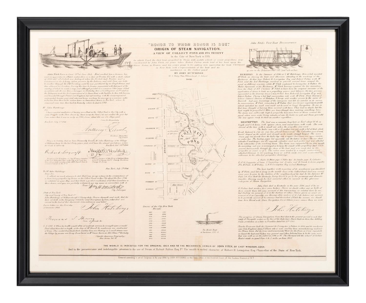 [TRANSPORTATION] -- [NEW YORK CITY.] HUTCHINGS, John. "Honor to Whom Honor is Due." Origin of Steam Navigation. Williamsburgh, Long Island, [NY]: John Hutchings, 1846.