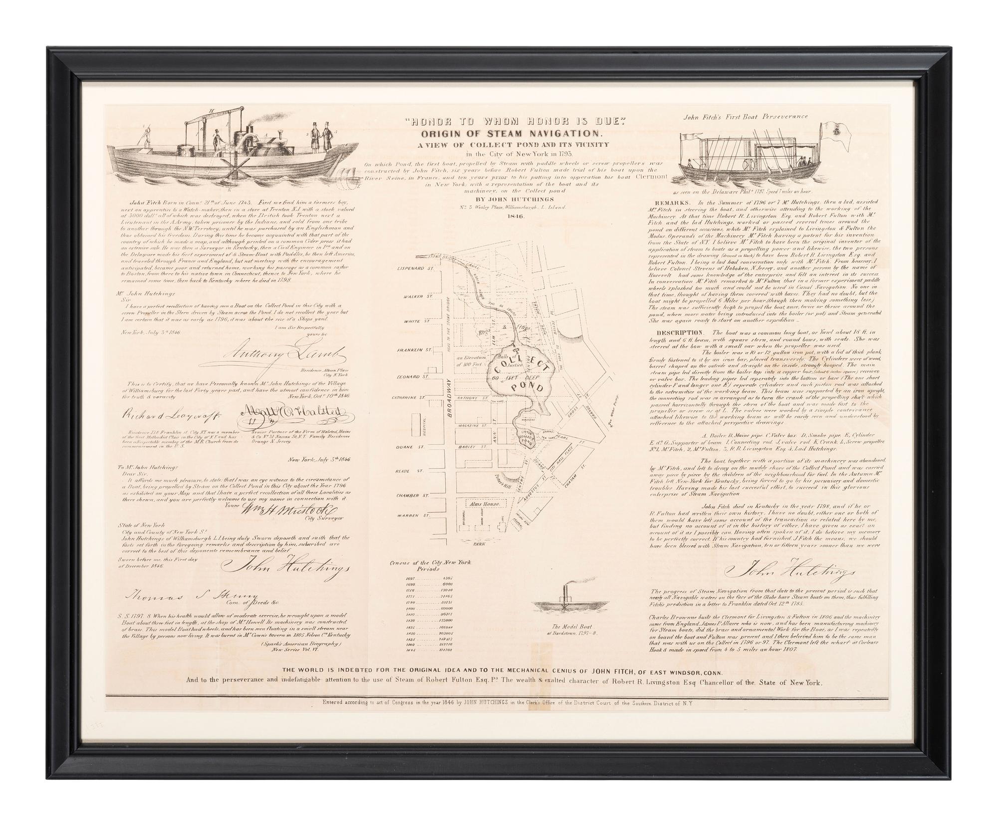 [TRANSPORTATION] -- [NEW YORK CITY.] HUTCHINGS, John. "Honor to Whom Honor is Due." Origin of Steam Navigation. Williamsburgh, Long Island, [NY]: John Hutchings, 1846.