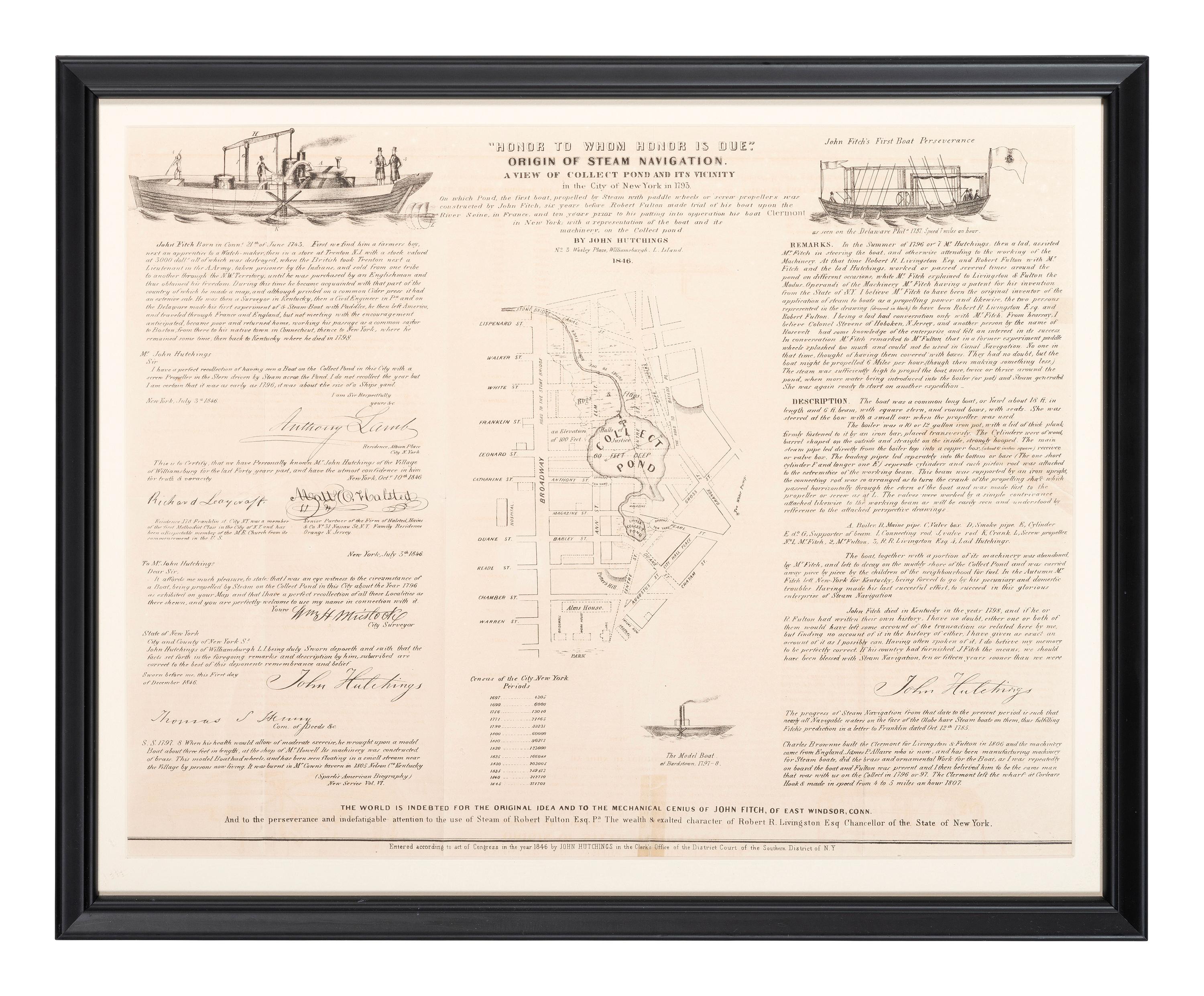 [TRANSPORTATION] -- [NEW YORK CITY.] HUTCHINGS, John. "Honor to Whom Honor is Due." Origin of Steam Navigation. Williamsburgh, Long Island, [NY]: John Hutchings, 1846.