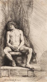 Rembrandt van Rijn (Dutch, 1606-1669) — Nude Man Seated Before a Curtain , 1646