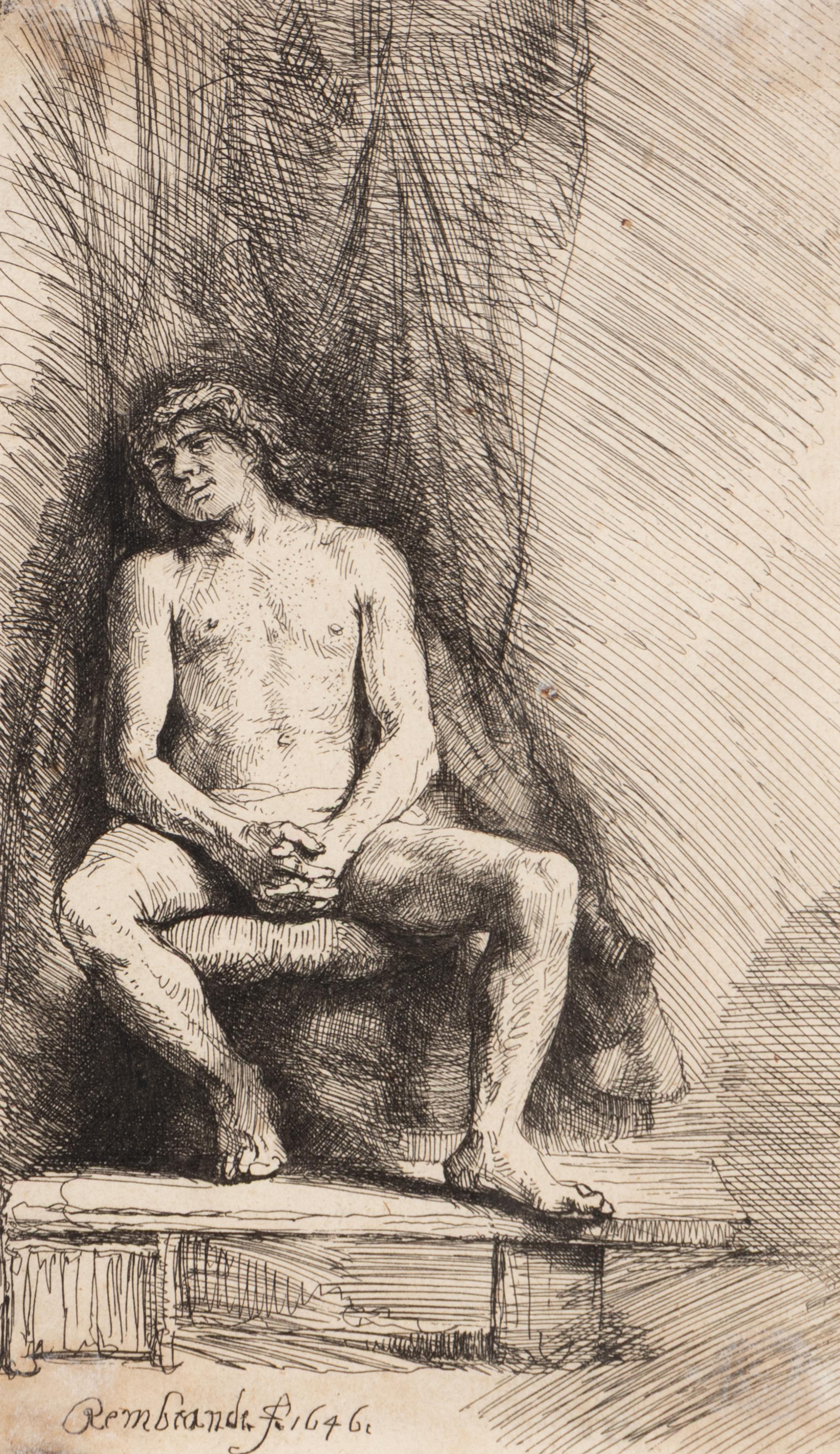 Rembrandt van Rijn (Dutch, 1606-1669) — Nude Man Seated Before a Curtain , 1646