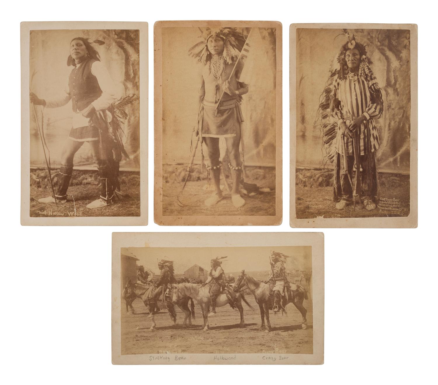 [WOUNDED KNEE]. A group of 4 photographs of Stinking Bear, Hollow Wood, and Crazy Bear at Pine Ridge Agency. Ca 1890-1891.