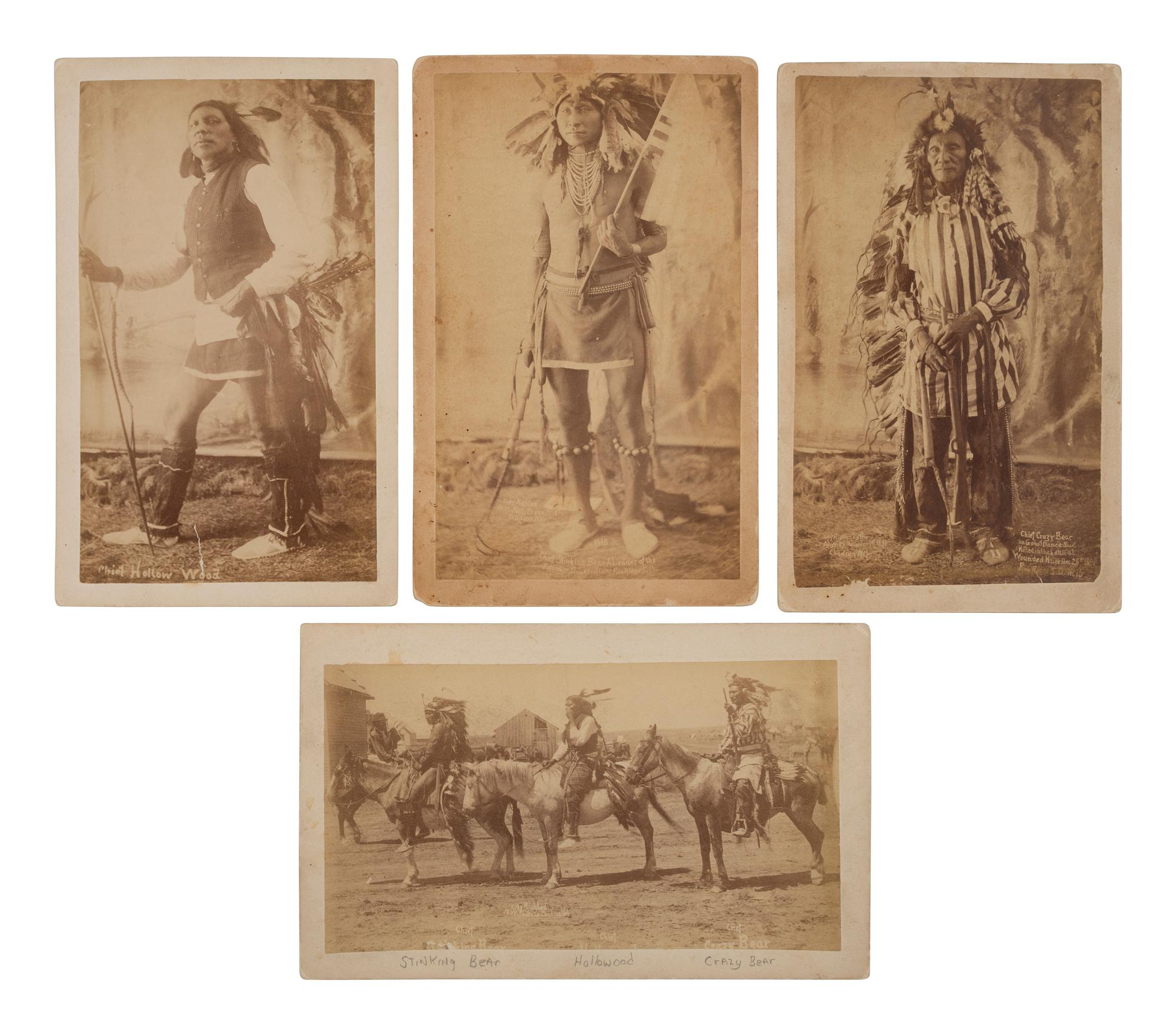 [WOUNDED KNEE]. A group of 4 photographs of Stinking Bear, Hollow Wood, and Crazy Bear at Pine Ridge Agency. Ca 1890-1891.