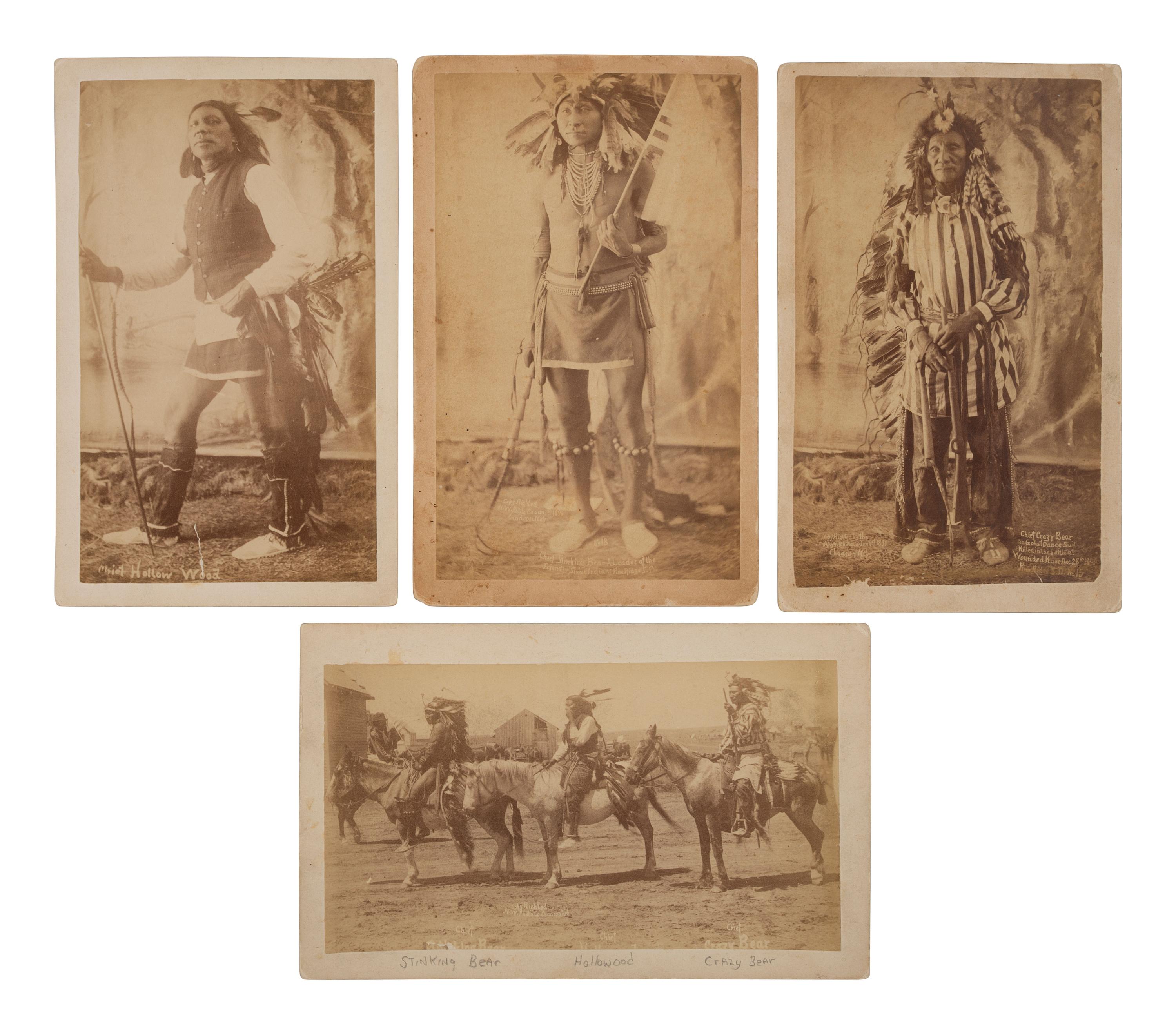 [WOUNDED KNEE]. A group of 4 photographs of Stinking Bear, Hollow Wood, and Crazy Bear at Pine Ridge Agency. Ca 1890-1891.