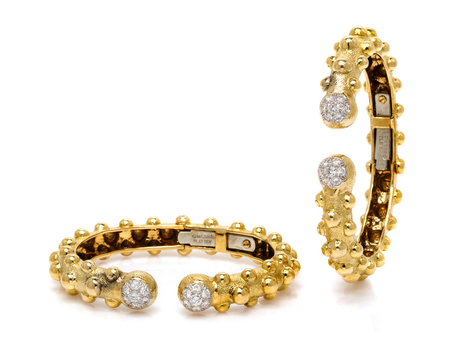 A Pair of 18 Karat Yellow Gold, Platinum and Diamond Bangle Bracelets, David Webb, 26.20 dwts.
