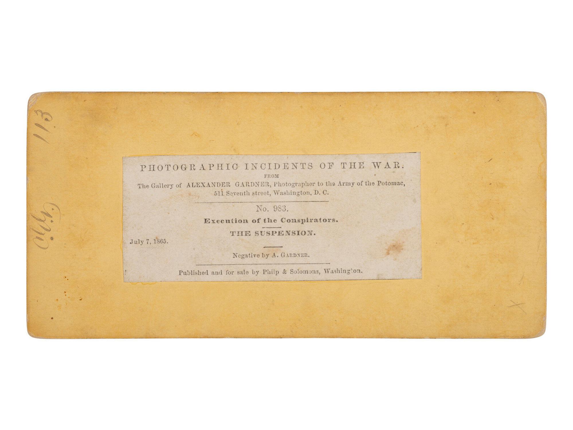 [LINCOLN ASSASSINATION]. GARDNER, Alexander (1821-1882), photographer. Pair of stereoviews of the Execution of the Conspirators. Washington: Philp & Solomons, ca 1865.