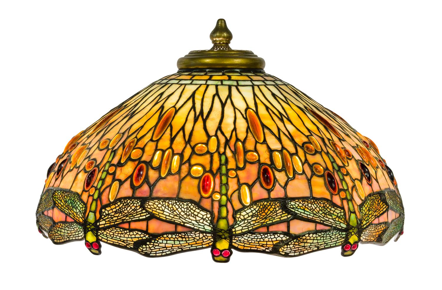 A Tiffany Studios Favrile Glass and Gilt Bronze Drophead Dragonfly Table Lamp Diameter of shade 22 1/2 inches, height overall 31 inches