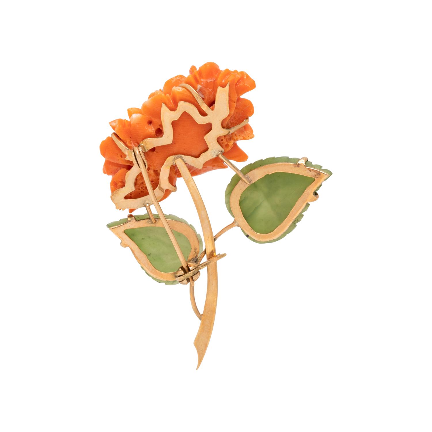 CORAL AND HARDSTONE FLOWER BROOCH