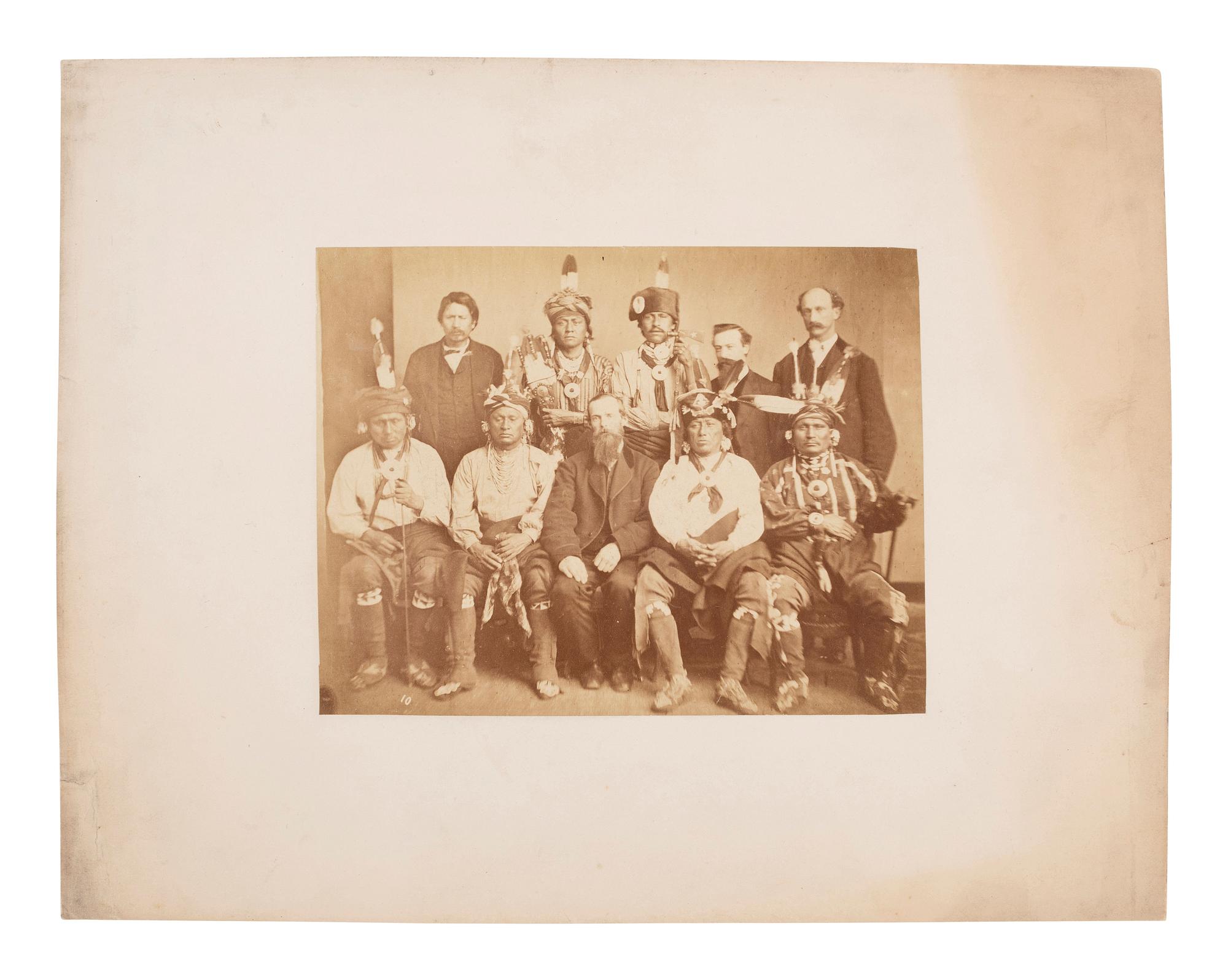 [NATIVE AMERICANS]. [SHINDLER, Antonio Zeno (1823-1899), photographer]. Photograph of Iowa chiefs, agents, and interpreters. [Washington, DC, 1869].