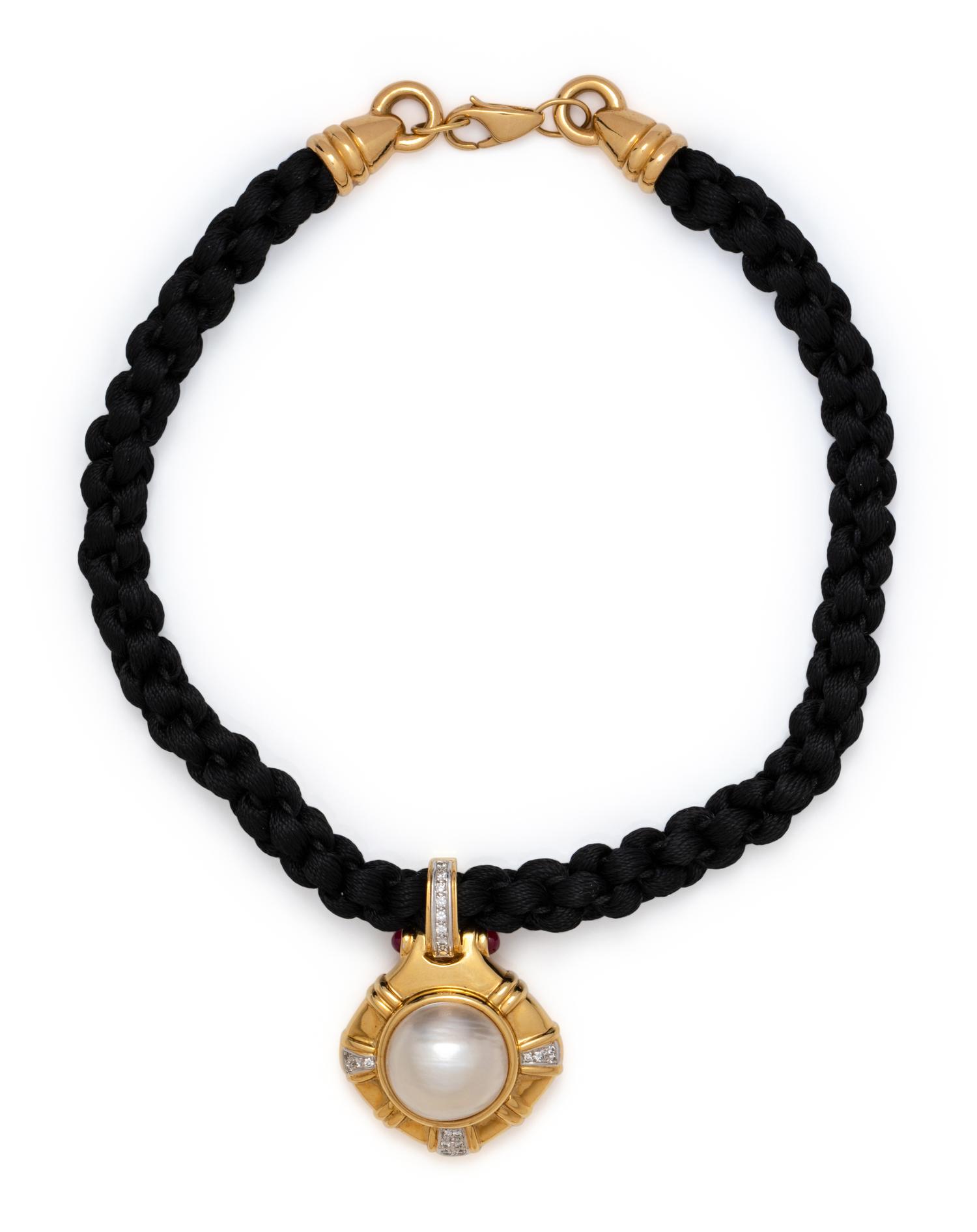 YELLOW GOLD, CULTURED MABE PEARL, DIAMOND AND RUBY PENDANT/NECKLACE