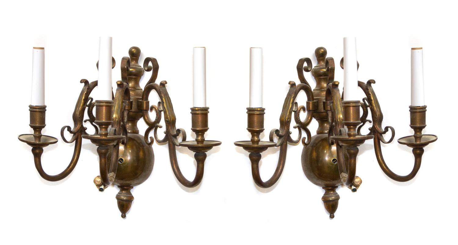 A Pair of Dutch Baroque Style Brass Three-Light Wall Lights — LATE 19TH/EARLY 20TH CENTURY