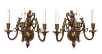 A Pair of Dutch Baroque Style Brass Three-Light Wall Lights — LATE 19TH/EARLY 20TH CENTURY