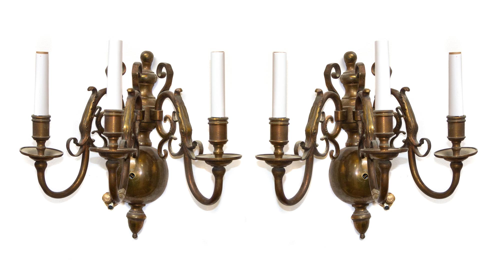 A Pair of Dutch Baroque Style Brass Three-Light Wall Lights — LATE 19TH/EARLY 20TH CENTURY