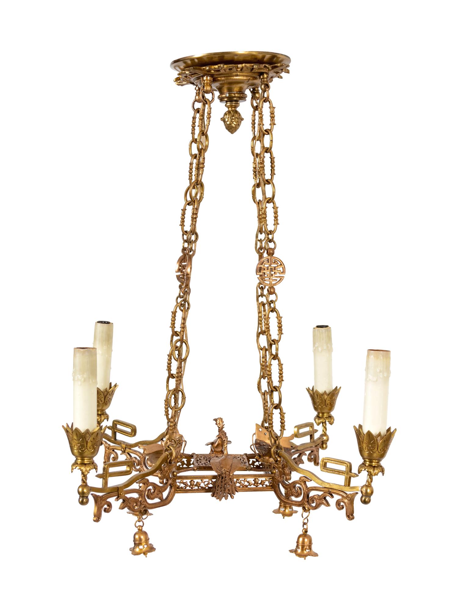 A French Asian Style Gilt Bronze Four-Light Suspension Fixture — SECOND HALF 19TH CENTURY