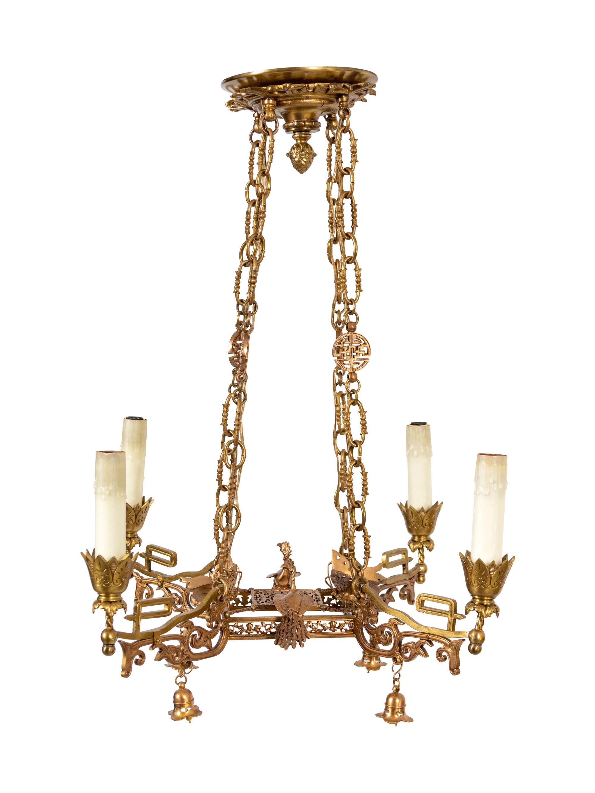A French Asian Style Gilt Bronze Four-Light Suspension Fixture — SECOND HALF 19TH CENTURY