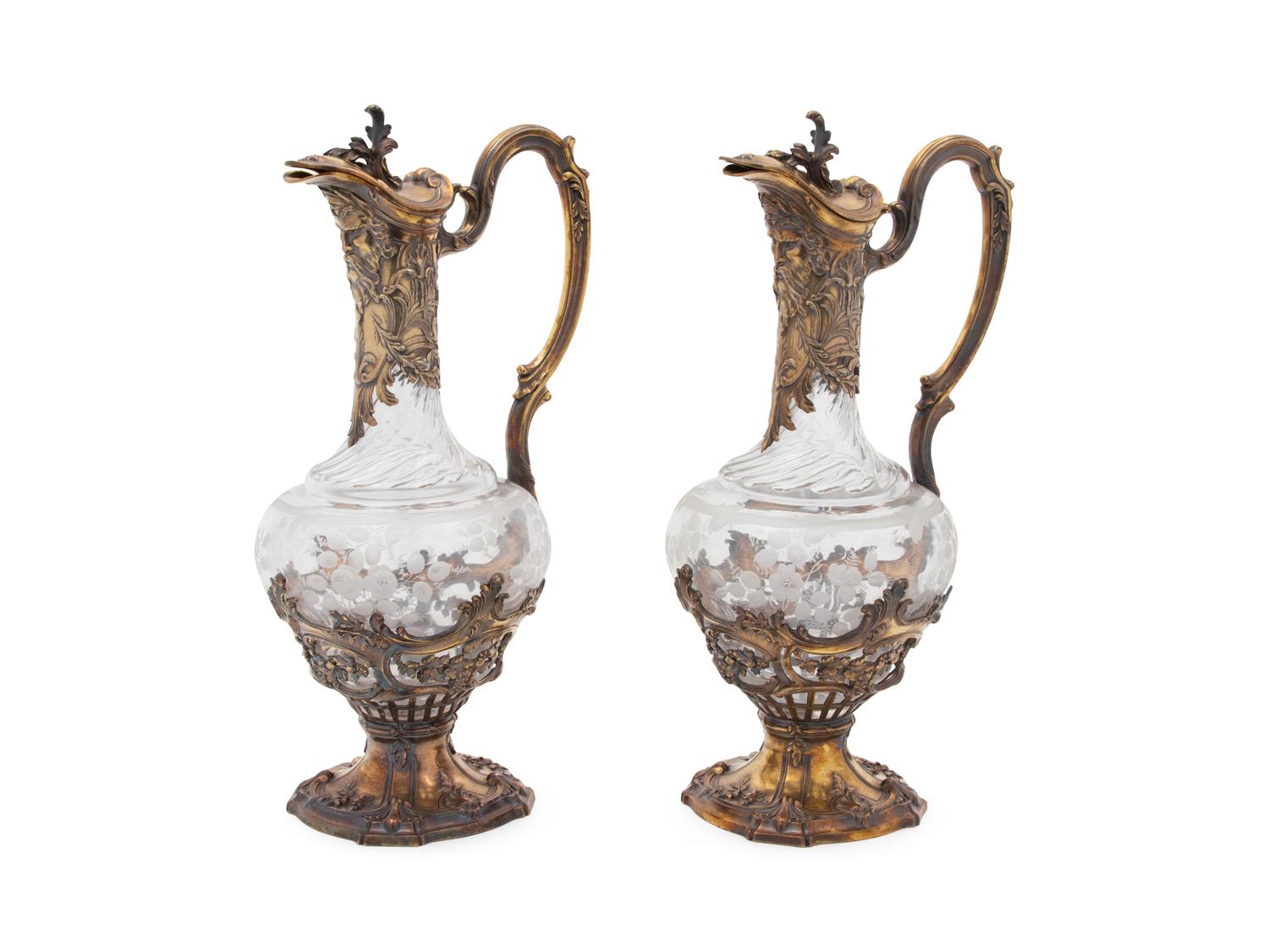 A Pair of French Etched Glass and Vermeil Mounted Ewers