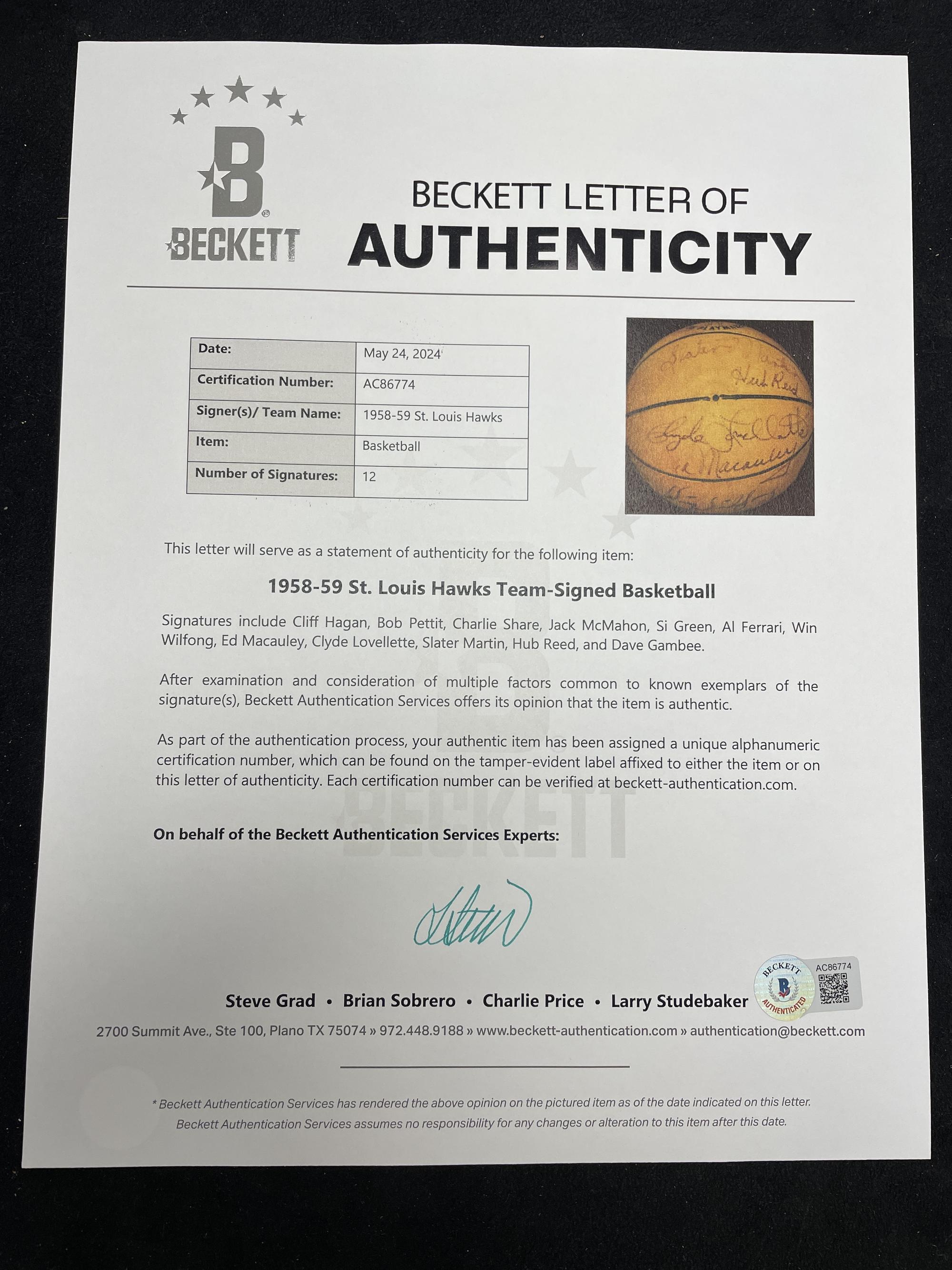 A 1958-59 St. Louis Hawks Team Signed Autograph Basketball (Beckett Authentication Services)