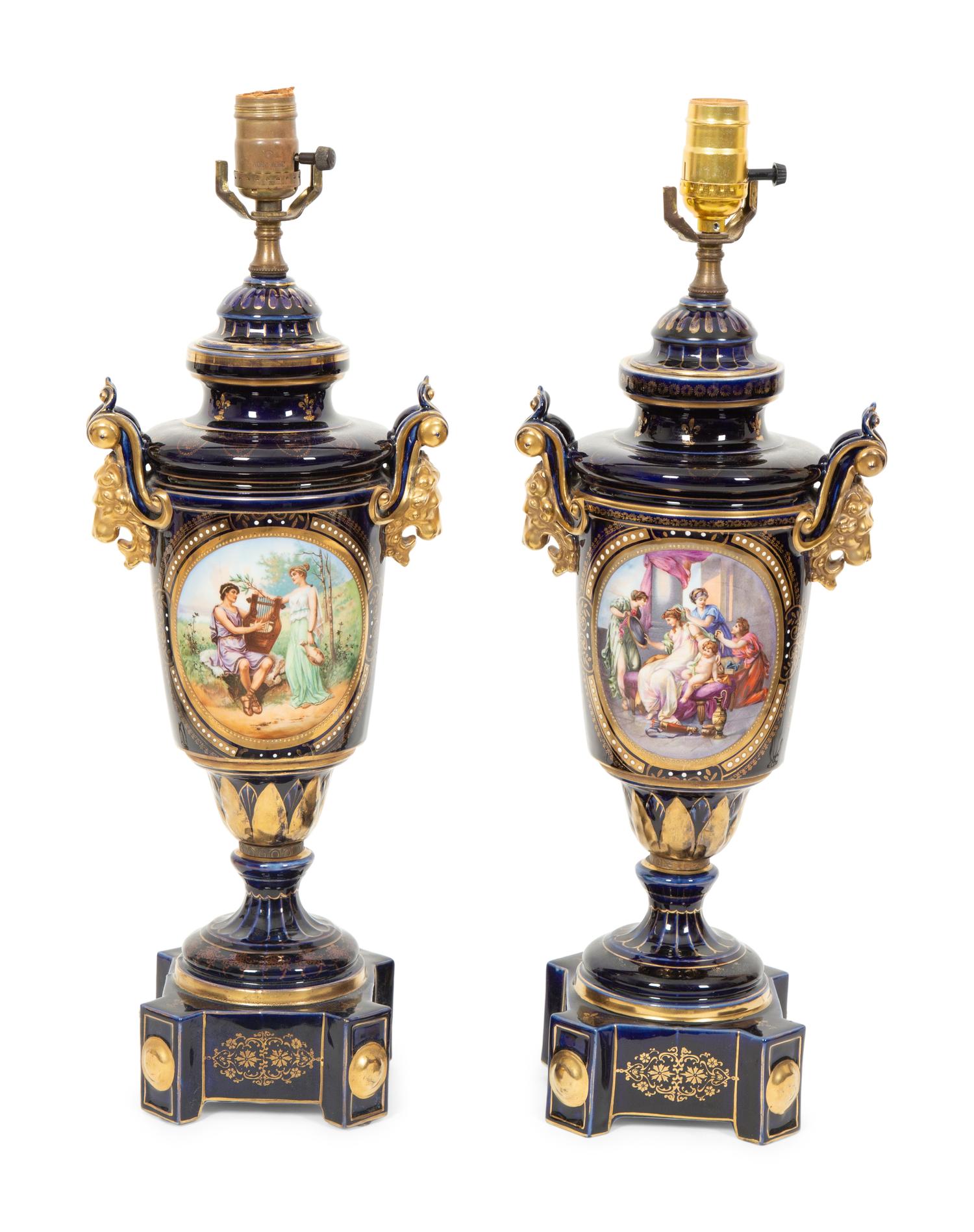 A Pair of Sèvres Style Porcelain Urns Mounted as Lamps