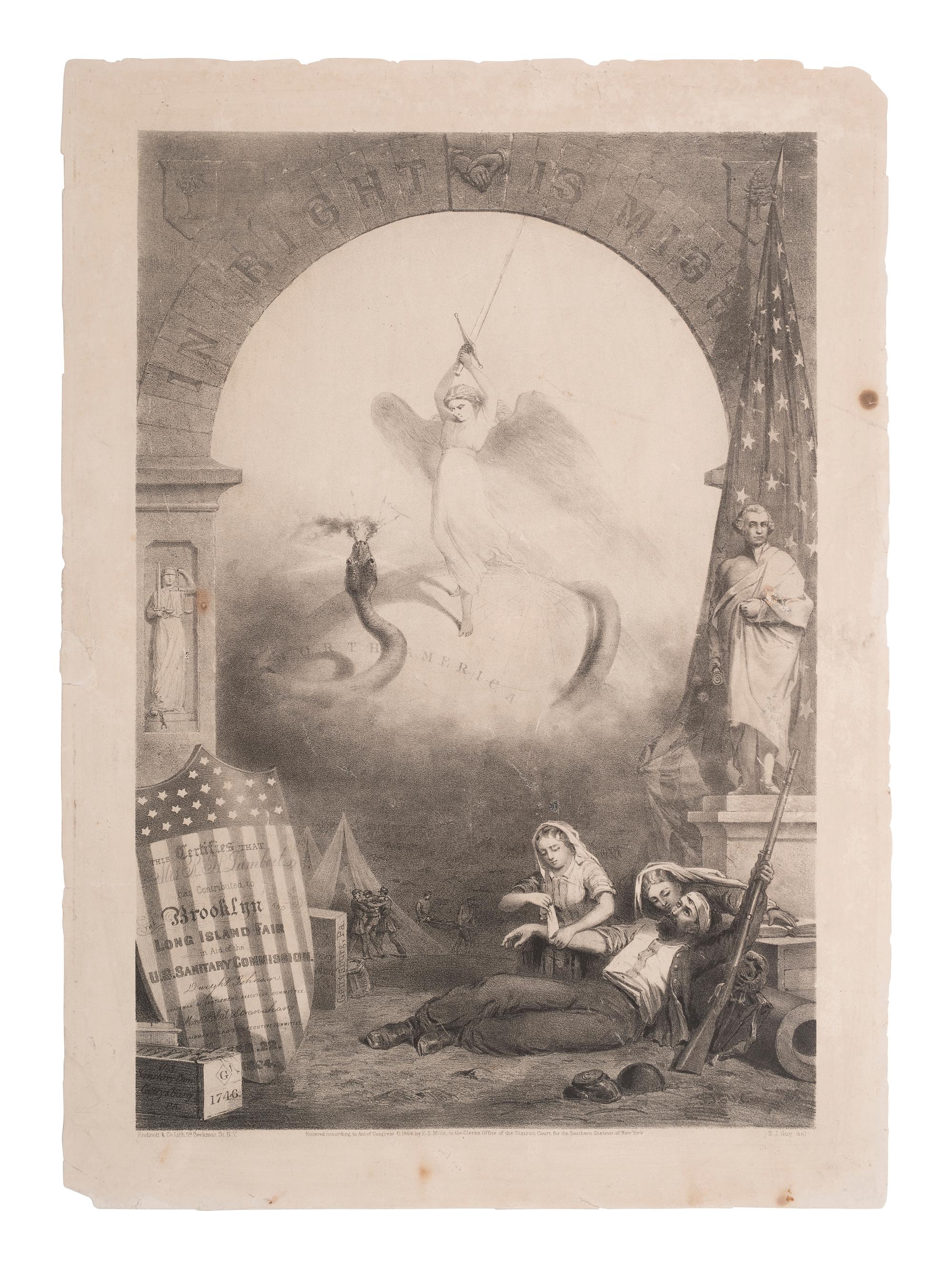 [CIVIL WAR]. In Right Is Might. Certificate for contributing to the Brooklyn, Long Island Fair in aid of the US Sanitary Commission. New York: E.S. Mills, Endicott & Co. lithographers, 1864.