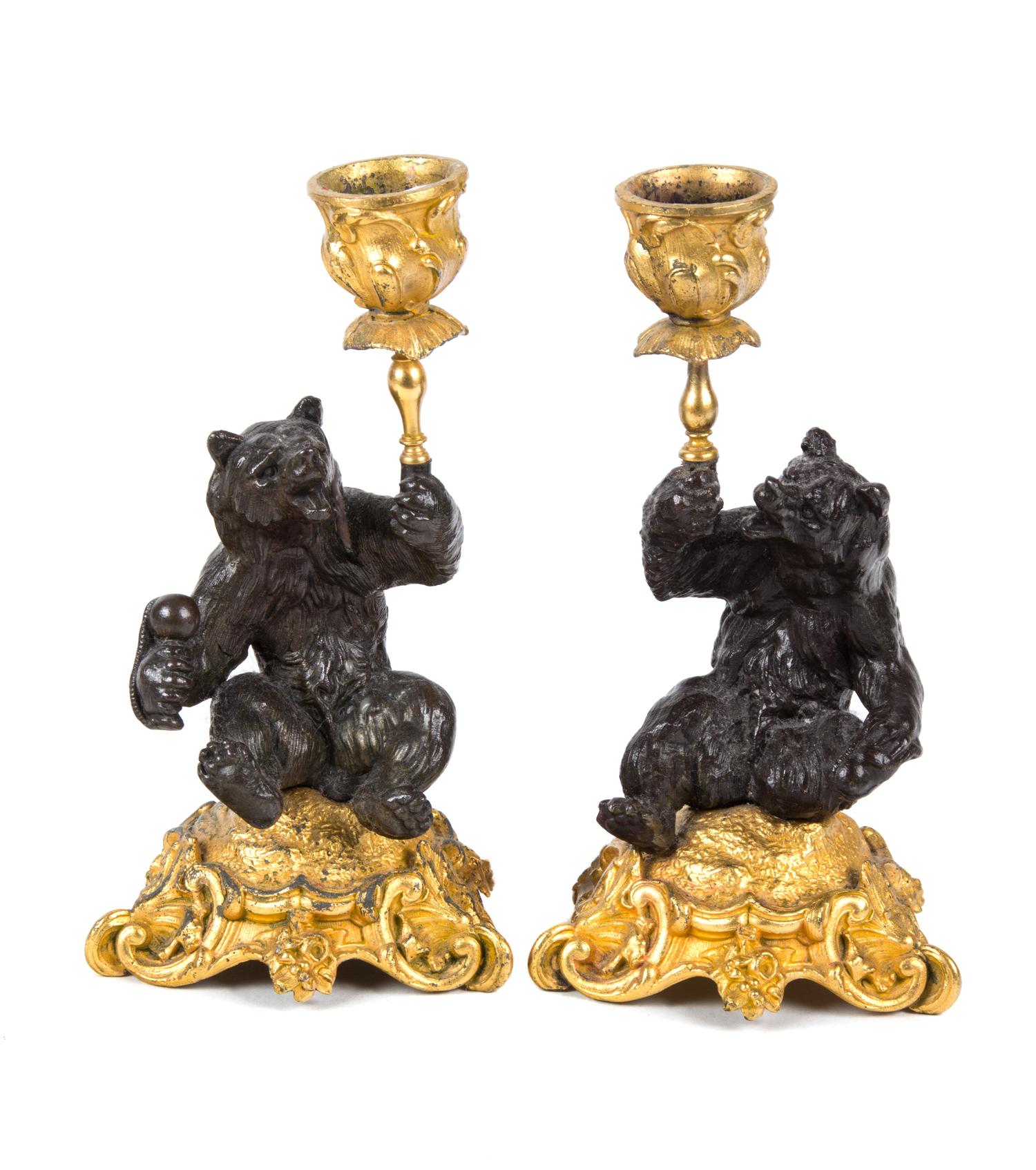 A Pair of Gilt and Patinated Bronze Figural Candlesticks Height 6 1/2 inches. — 20TH CENTURY