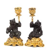 A Pair of Gilt and Patinated Bronze Figural Candlesticks Height 6 1/2 inches. — 20TH CENTURY