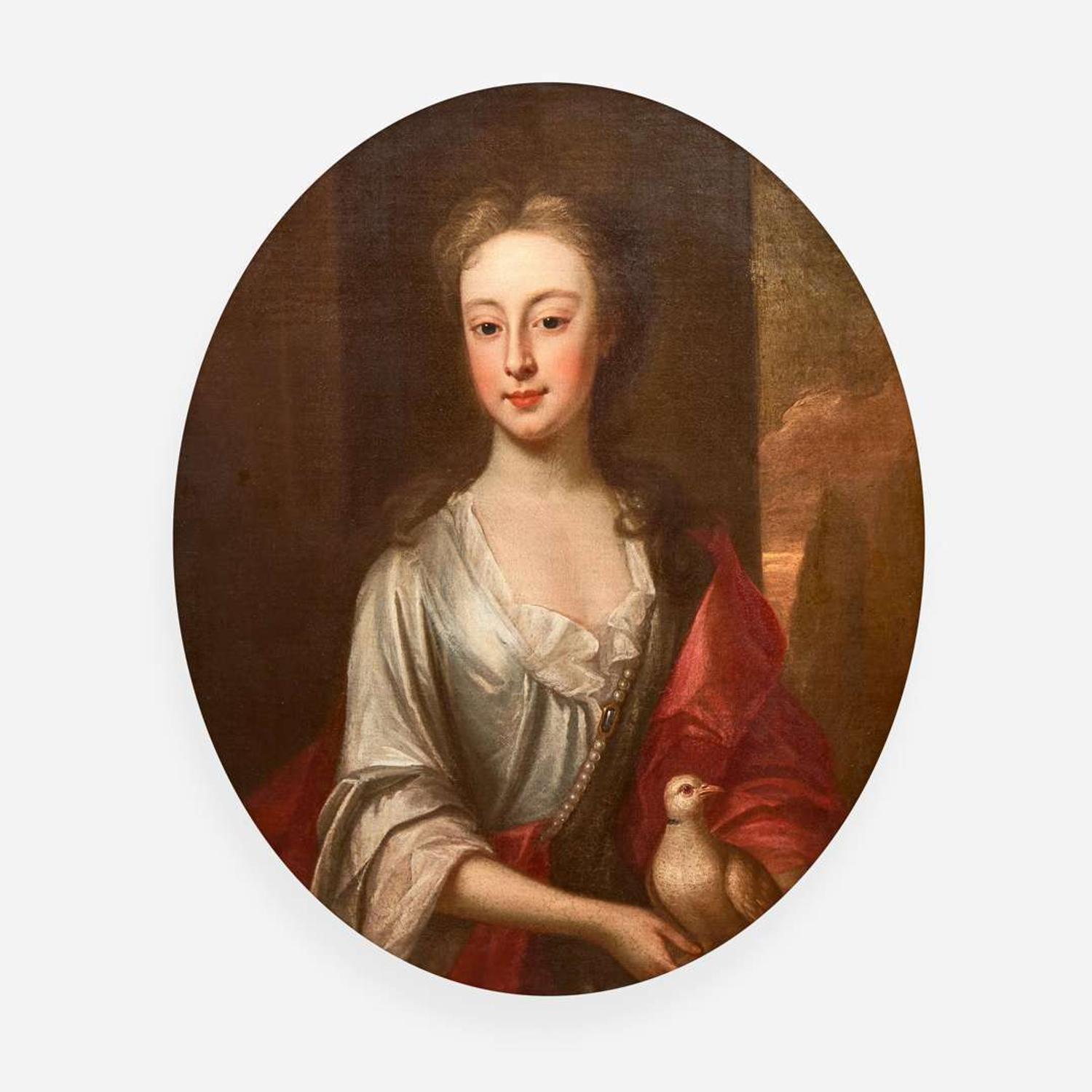 Manner of Sir Godfrey Kneller (British, 1646-1723) Portrait of a Young Girl in White with Red Shawl Holding a Dove, Bust-Length