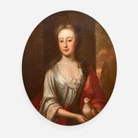 Manner of Sir Godfrey Kneller (British, 1646-1723) Portrait of a Young Girl in White with Red Shawl Holding a Dove, Bust-Length