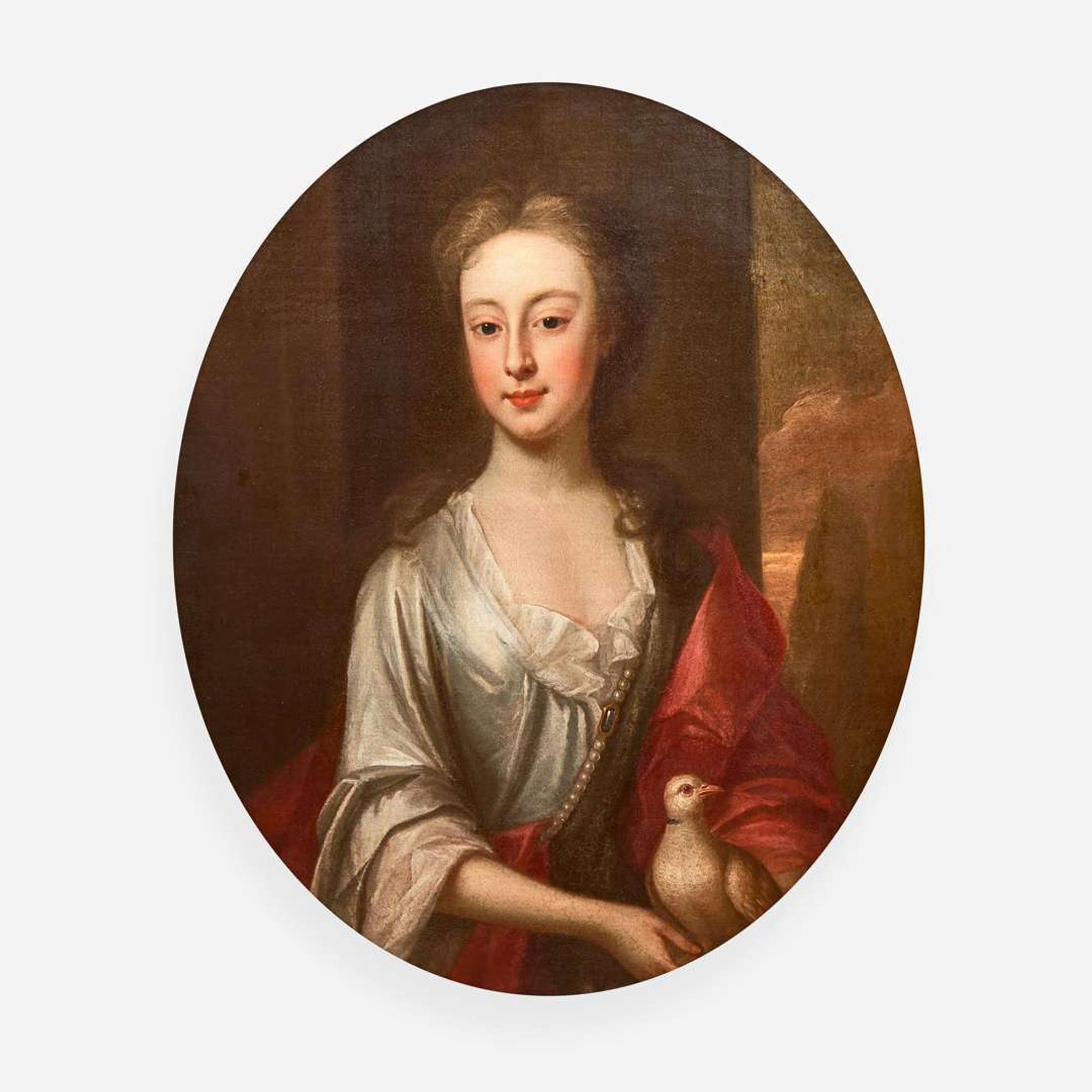 Manner of Sir Godfrey Kneller (British, 1646-1723) Portrait of a Young Girl in White with Red Shawl Holding a Dove, Bust-Length