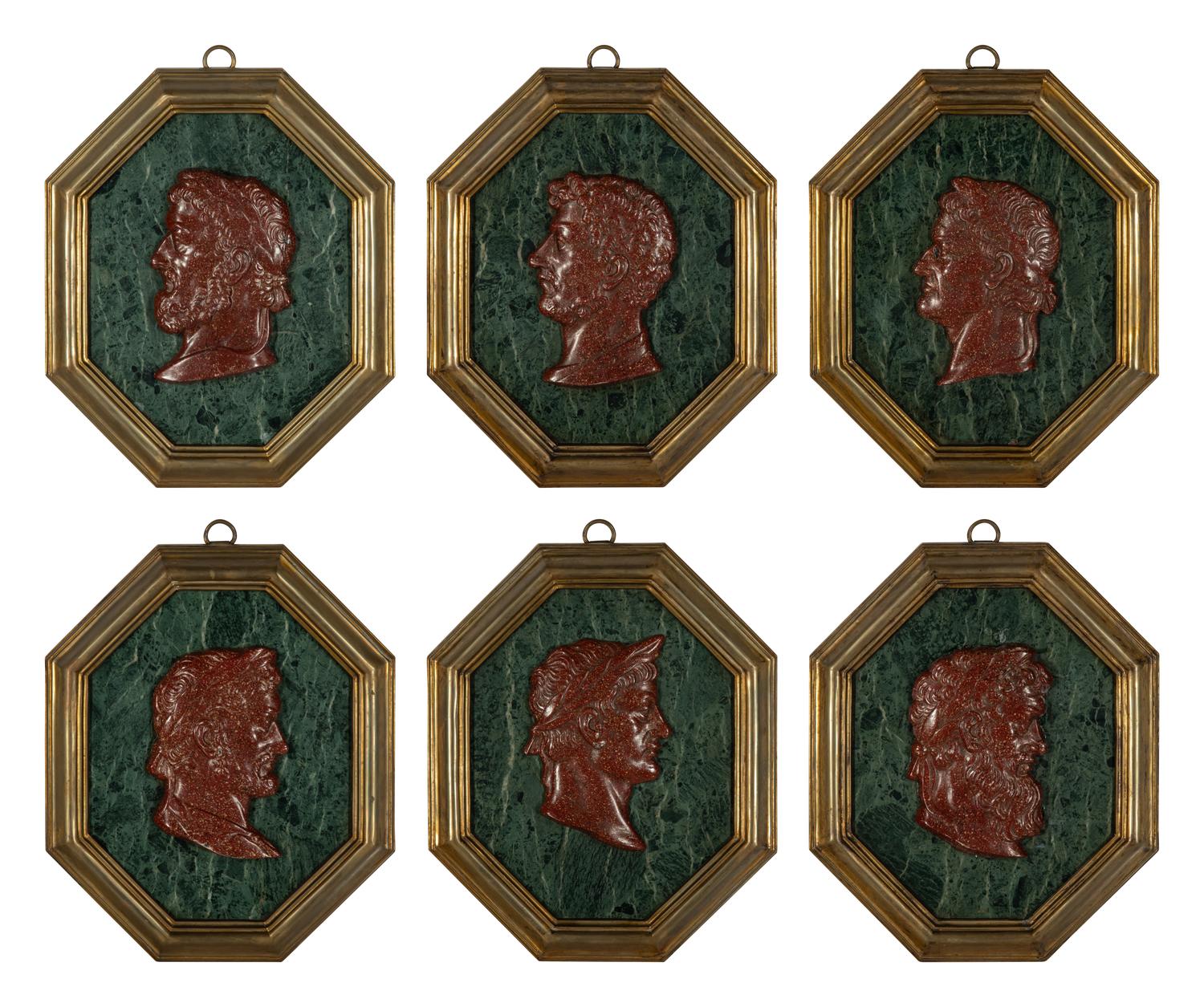 A Set of Six Continental Marble and Faux Porphyry Profile Medallions of Roman Emperors