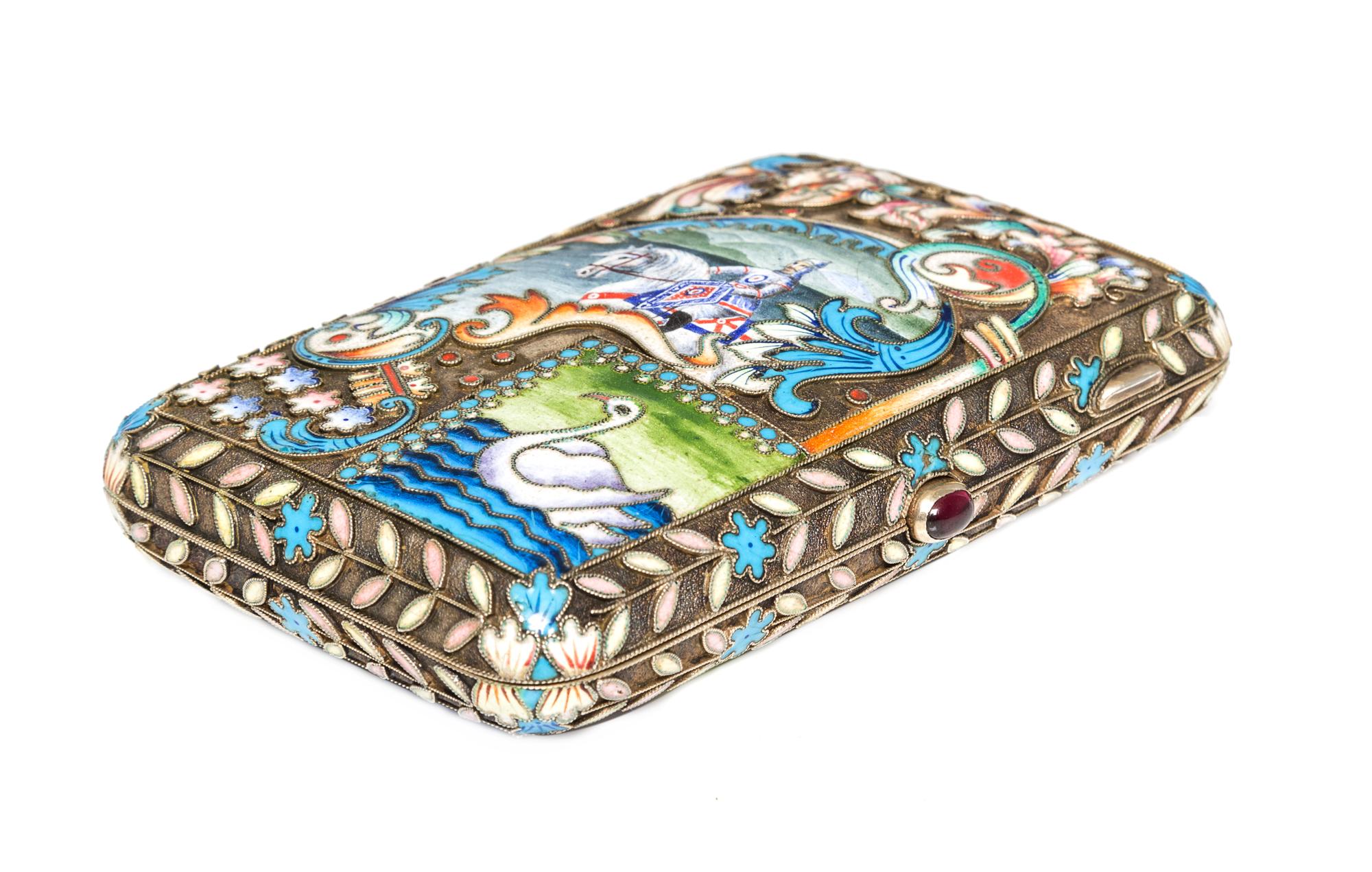 A Russian Enameled Silver Cigarette Case, possibly Henrich Vigstren (H.W.), 1908-1926, of rectangular form with polychrome knight and s