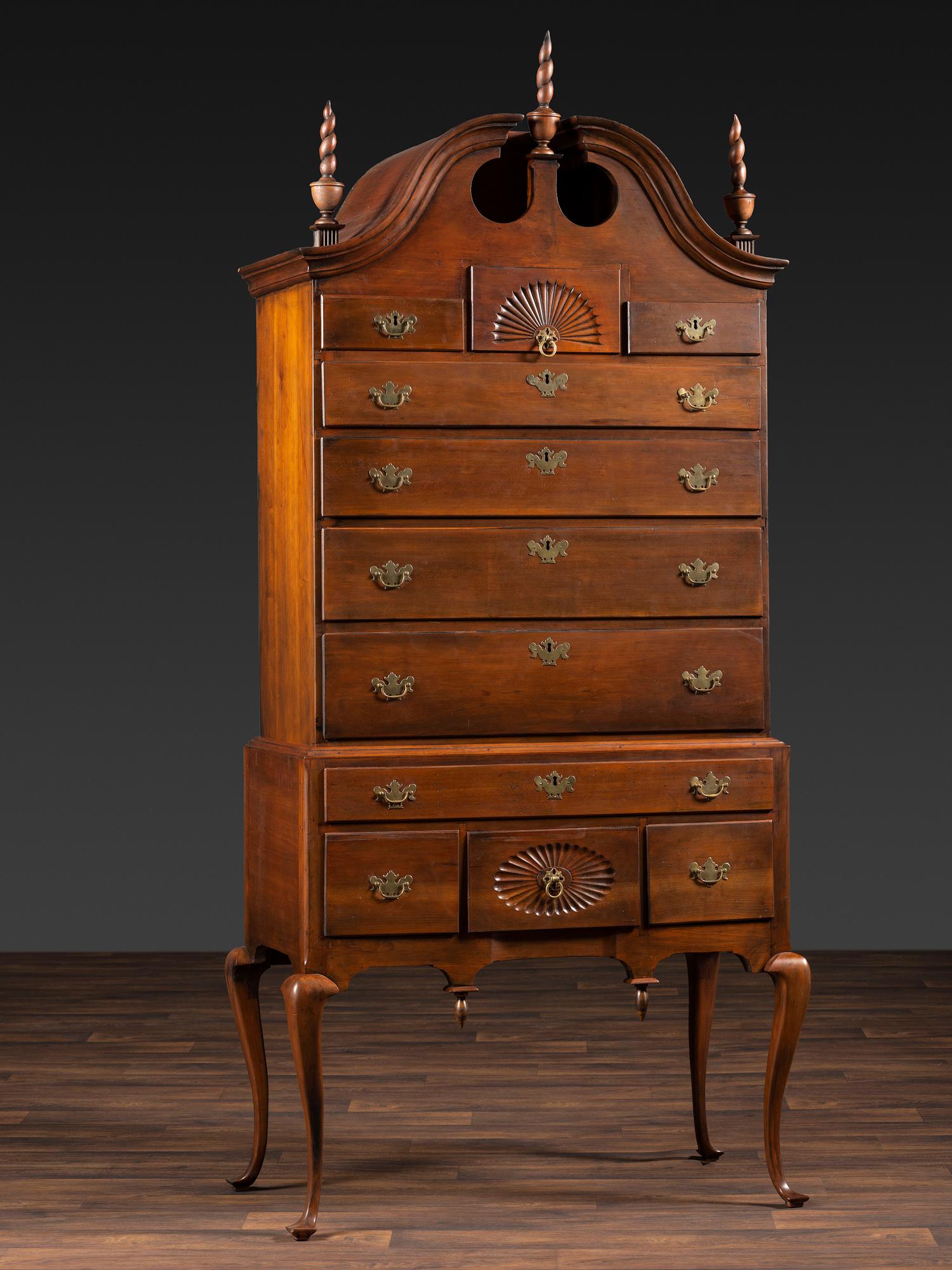 A Queen Anne Fan-Carved Cherrywood Bonnet Top High Chest
