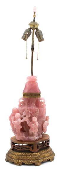 A Chinese Carved Rose Quartz Figural Urn Mounted As Lamp Height (overall) 32 inches.