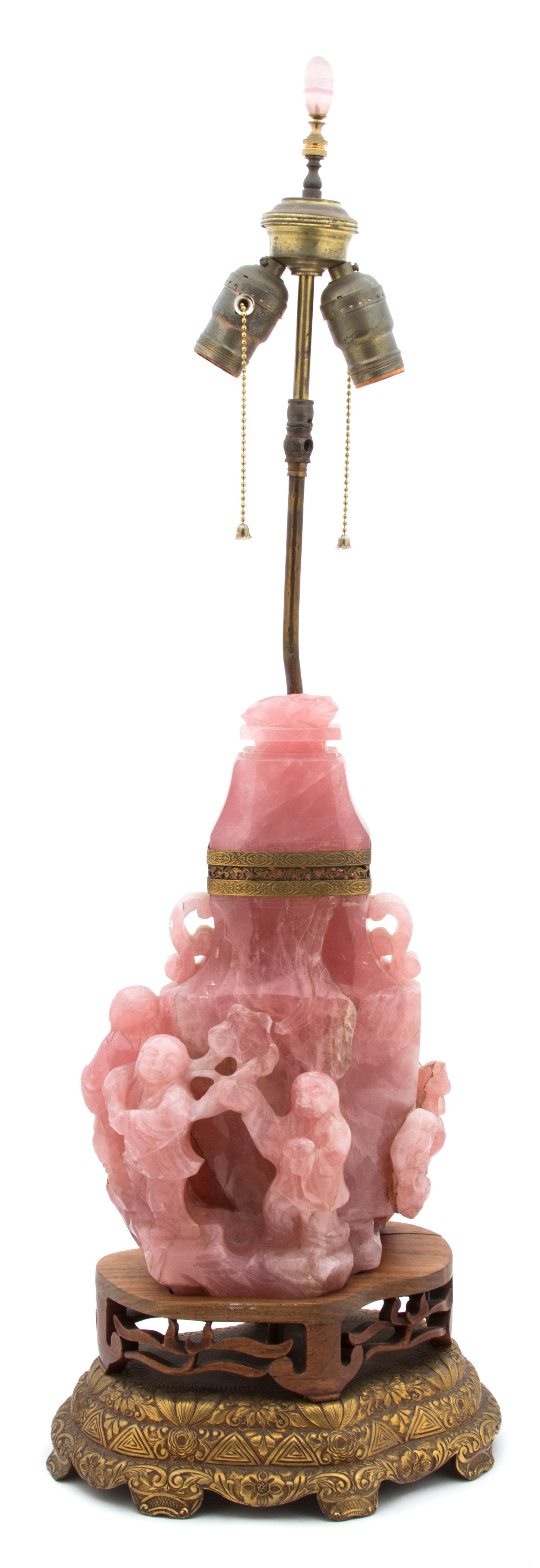 A Chinese Carved Rose Quartz Figural Urn Mounted As Lamp Height (overall) 32 inches.