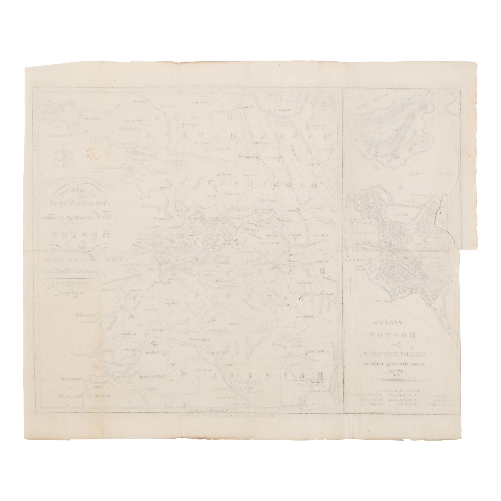 [Map]. An Accurate Map of the Country round Boston in New England from the Best Authorities [on sheet with] A Plan of Boston and Charlestown from a Drawing Made in 1771 . Boston: A. Hamilton, 1776.
