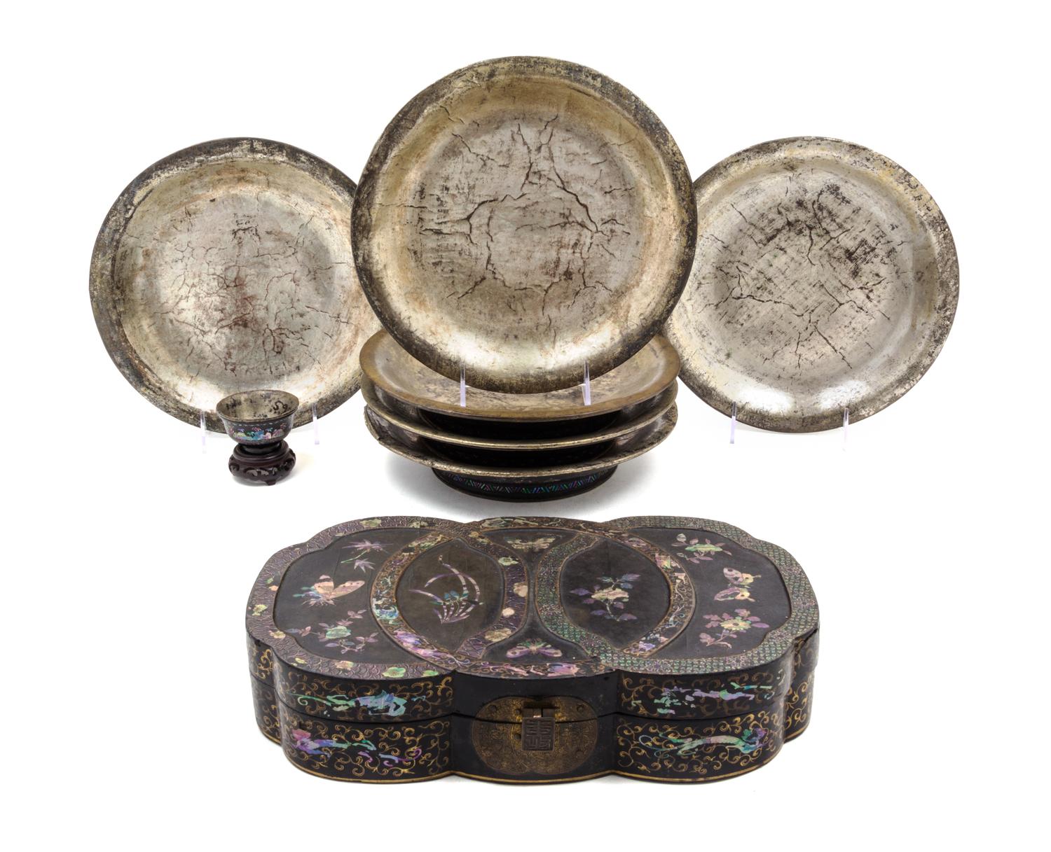 A Group of Abalone Decorated and Silver Foil Lacquer Articles Width of box 12 1/2 inches.