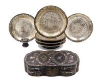 A Group of Abalone Decorated and Silver Foil Lacquer Articles Width of box 12 1/2 inches.