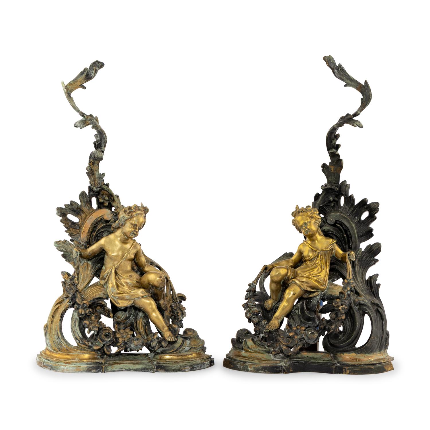 A Pair of Louis XV Style Gilt and Patinated Bronze Chenets