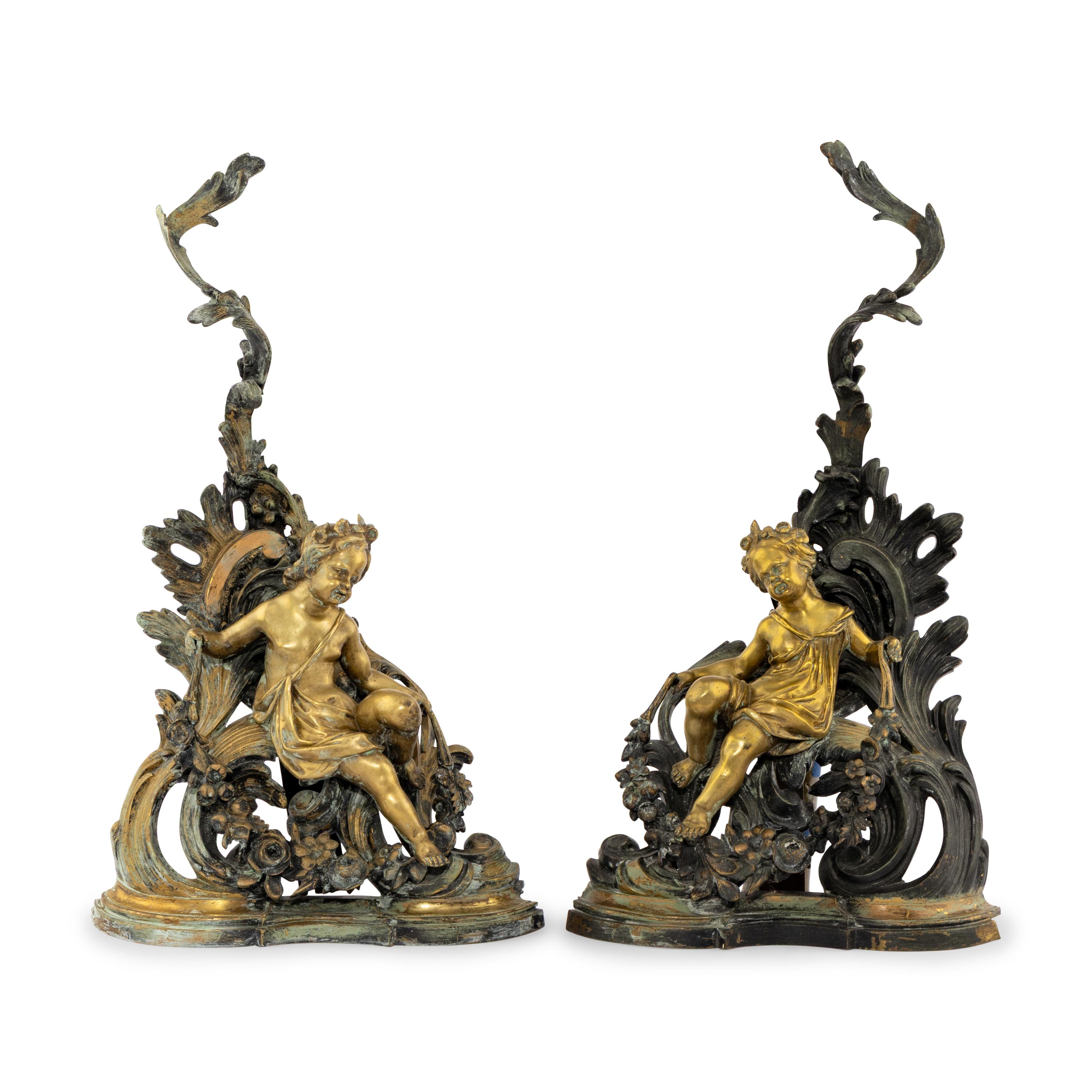 A Pair of Louis XV Style Gilt and Patinated Bronze Chenets
