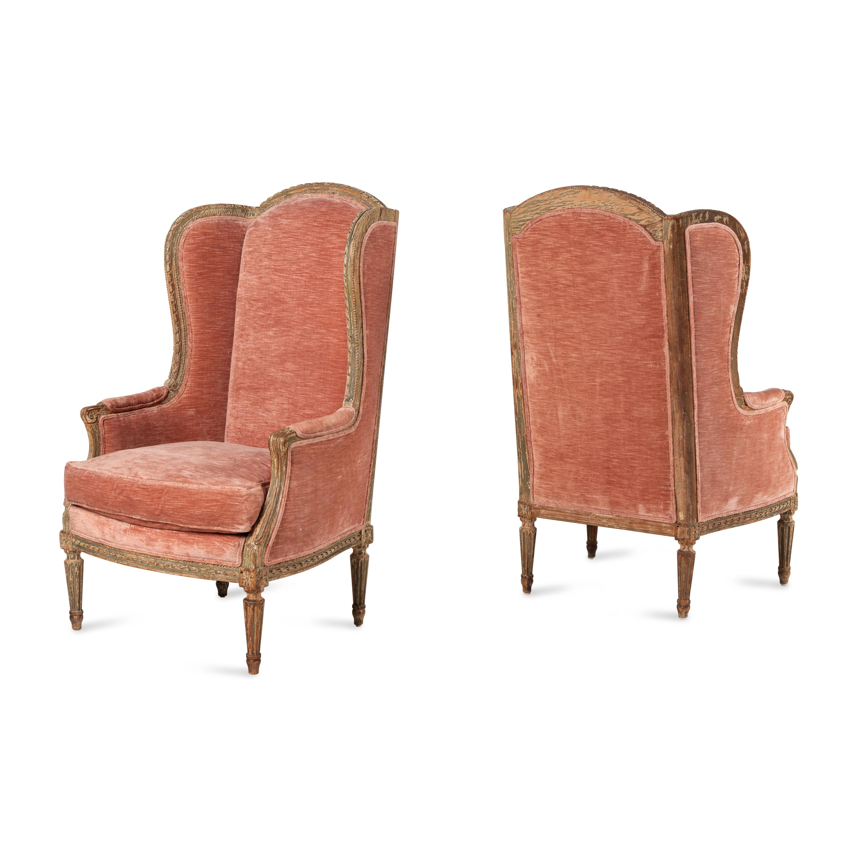 A Pair of Louis XVI Style Painted Bergères à Oreilles