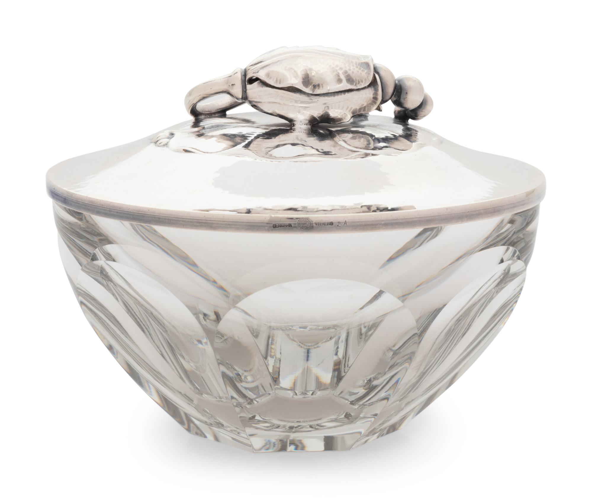 A Georg Jensen Silver Mounted Blossom Pattern Glass Jam Jar