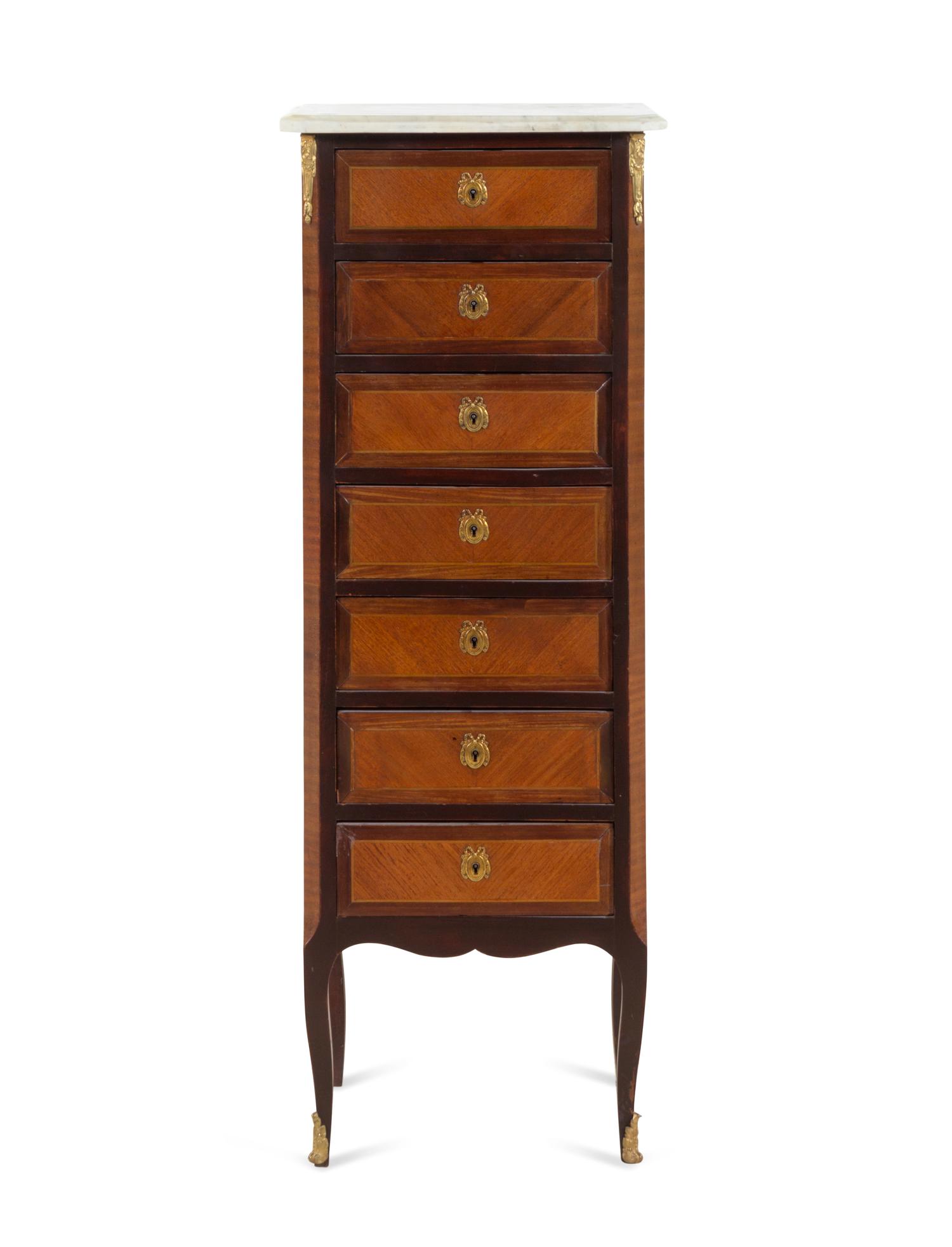 A Louis XV/XVI Transitional Style Gilt Bronze Mounted Tulipwood and Mahogany Marble-Top Semainier